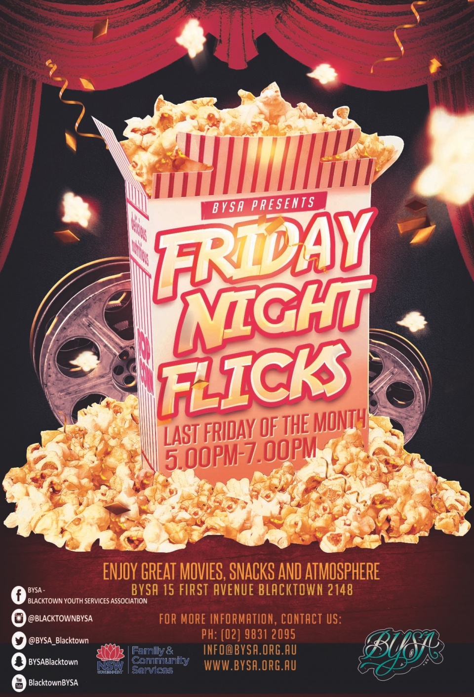 Friday Night Flicks. Popcorn provided! Come on down.